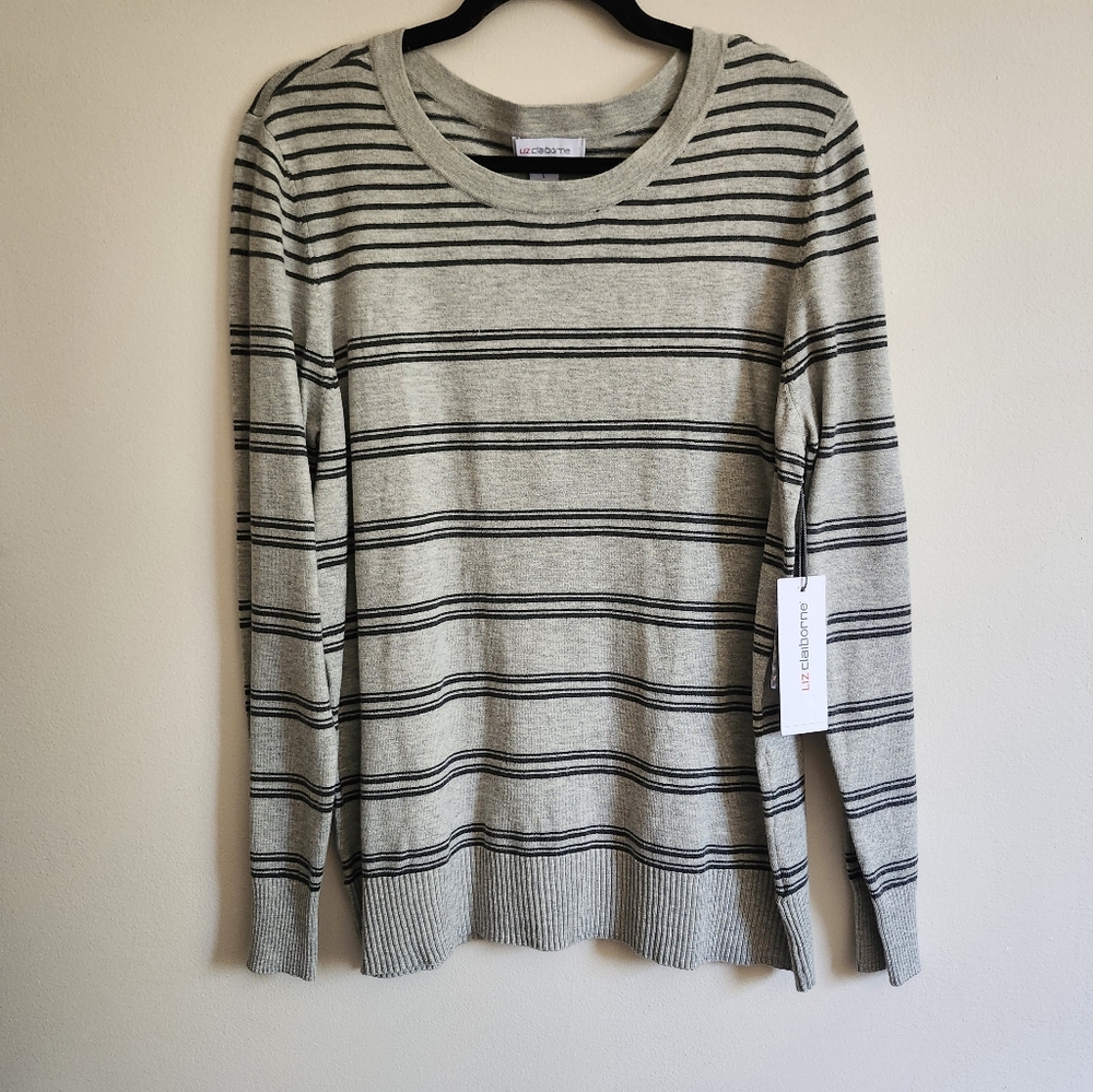 Liz Claiborne Gray W/ Black‎ Striped Sweater Women's Size Large Nwt